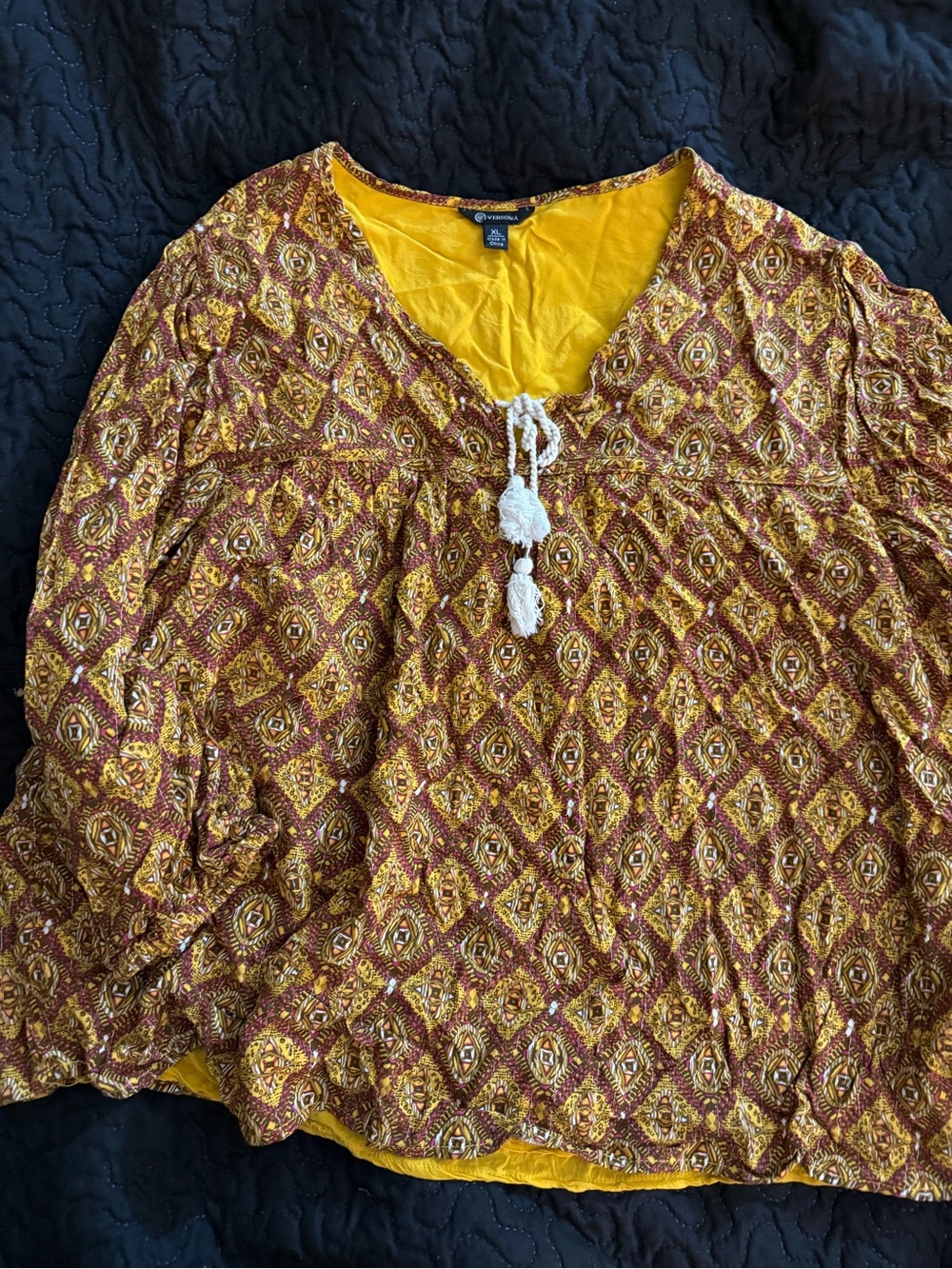 Versona Yellow and Rust Tassel-Front Printed Tunic